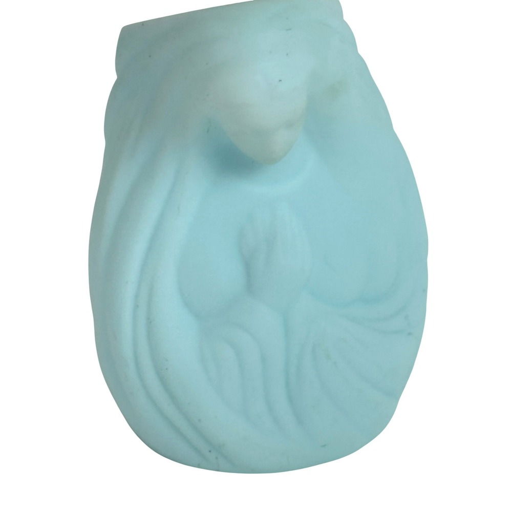 Fenton Madonna Praying Mary Satin Blue Glass Votive Candle Holder 6.25" Vintage